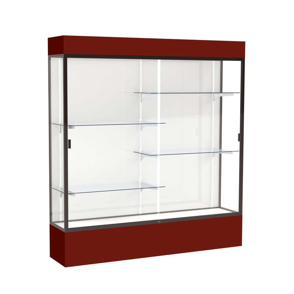 Spirit  72"W x 80"H x 16"D  Lighted Floor Case, White Back, Dk. Bronze Finish, Maroon Base and Top. Picture 1