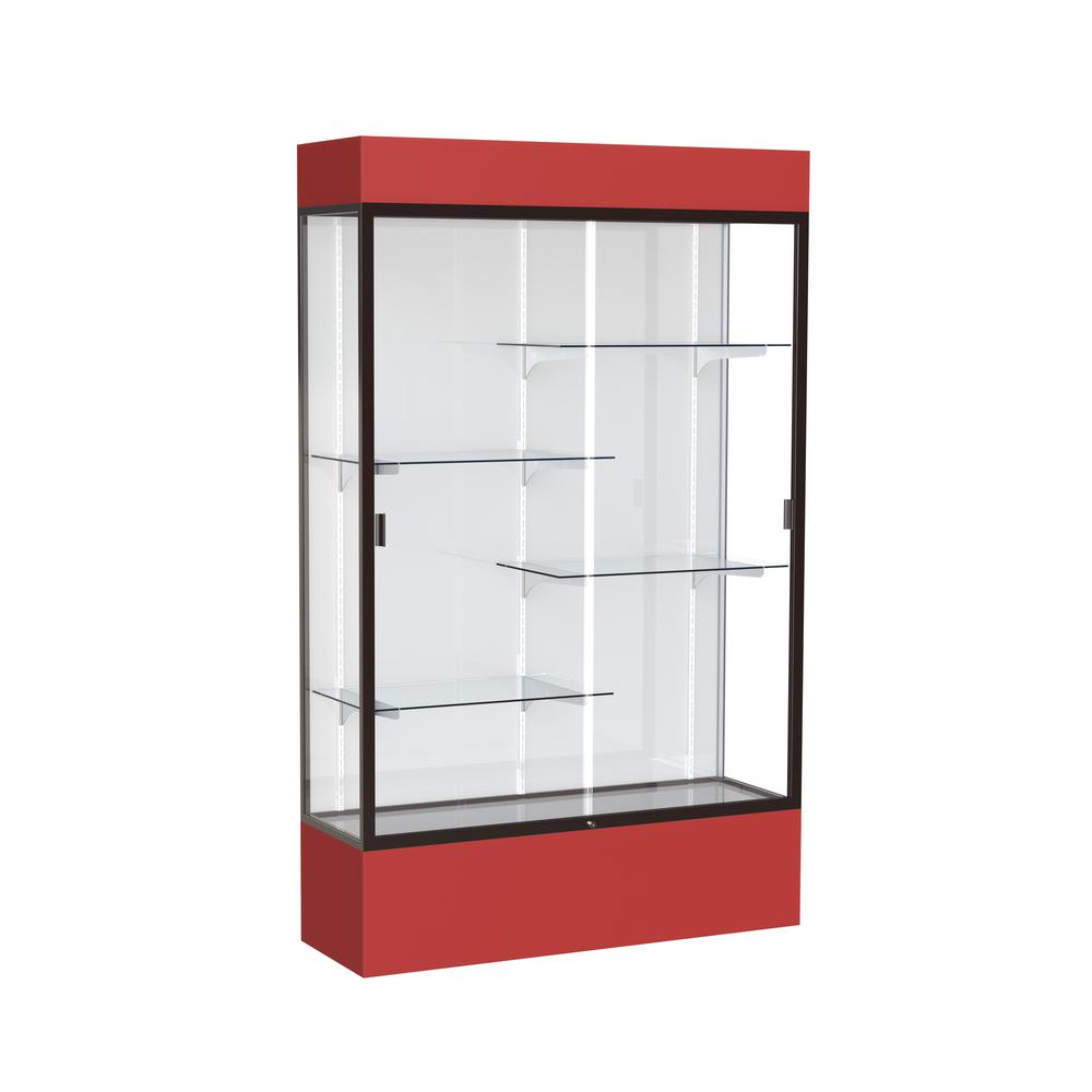 Spirit  48"W x 80"H x 16"D  Lighted Floor Case, White Back, Dk. Bronze Finish, Red Base and Top. Picture 1