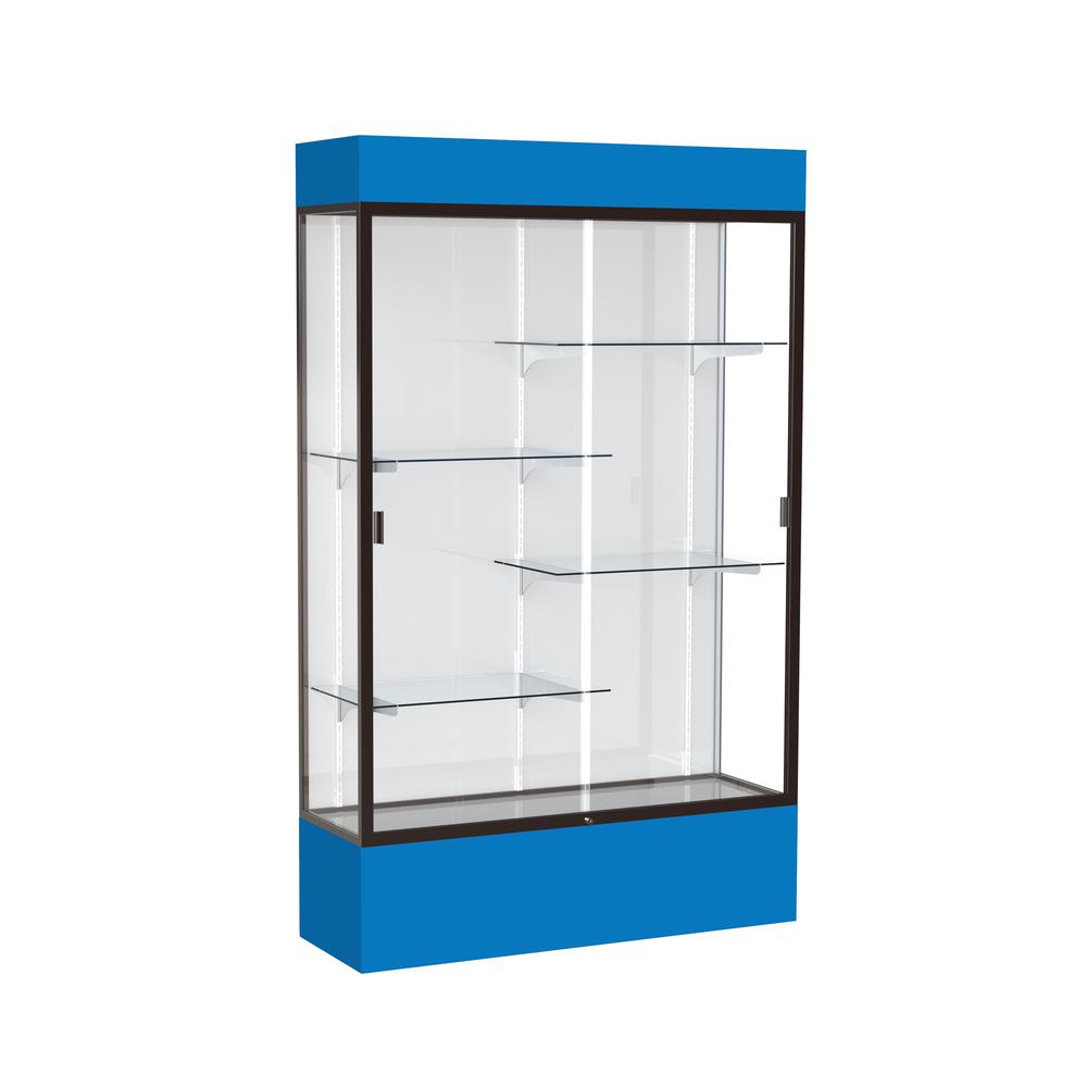 Spirit  48"W x 80"H x 16"D  Lighted Floor Case, White Back, Dk. Bronze Finish, Royal Blue Base and Top. Picture 1