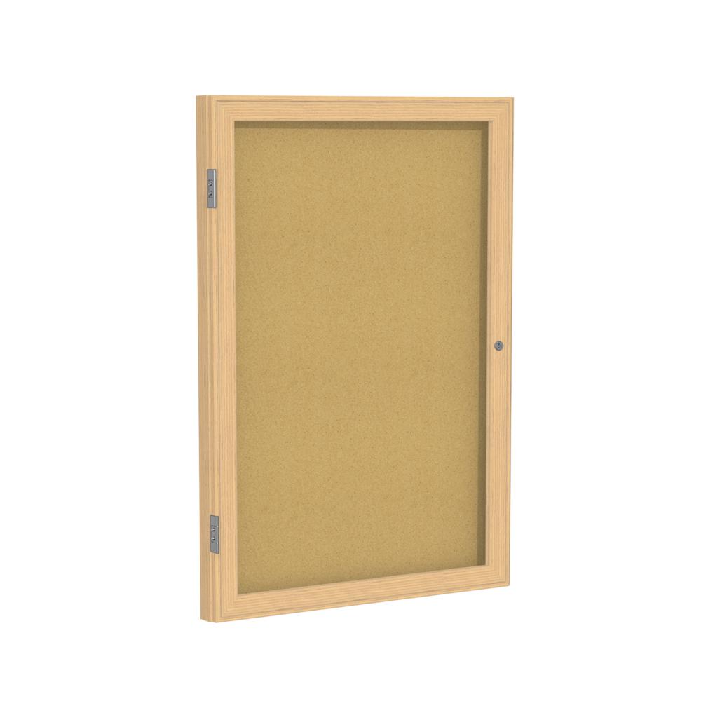 Ghent 1 Door Enclosed Natural Cork Bulletin Board with Oak Wood Frame, 24"H x 18"W. Picture 1