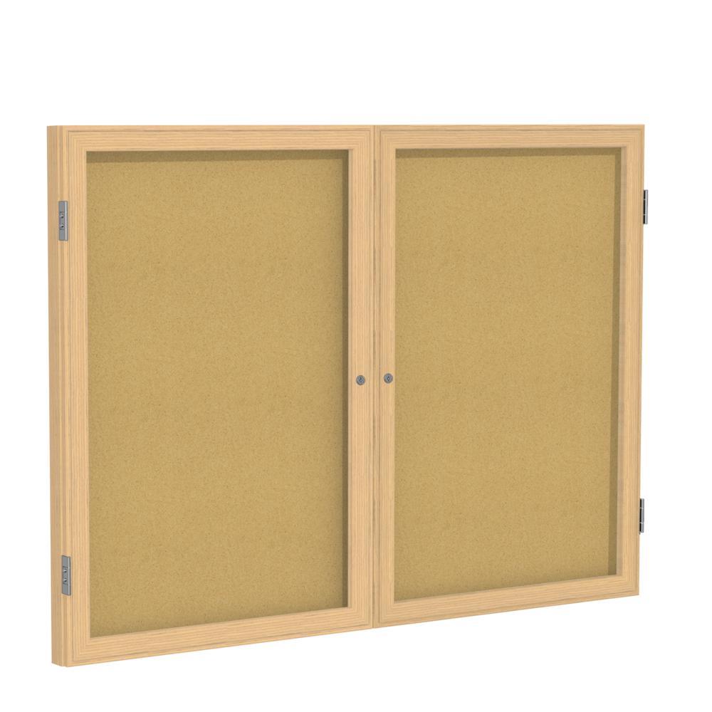 Ghent 2 Door Enclosed Natural Cork Bulletin Board with Oak Wood Frame, 3'H x 5'W. Picture 1