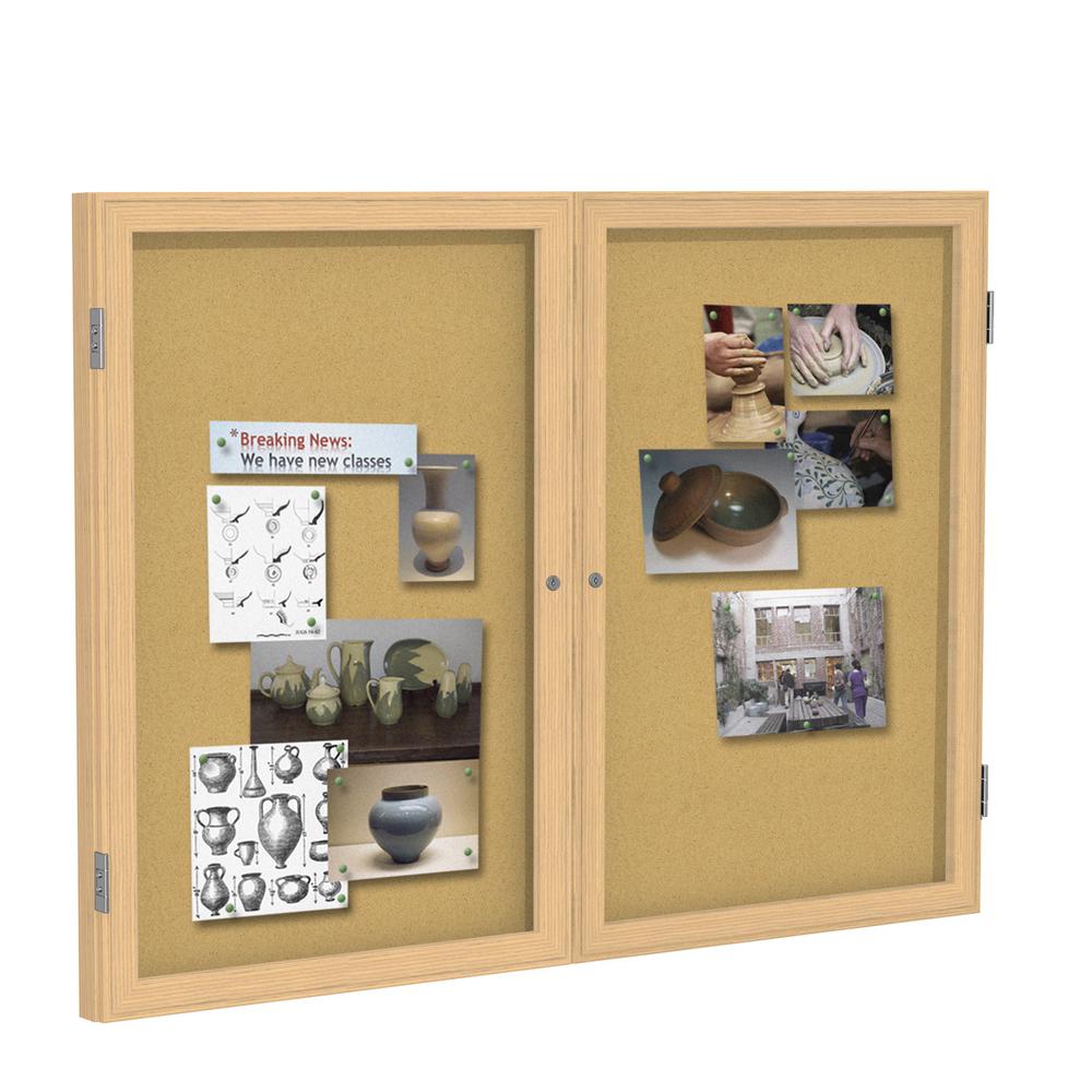 Ghent 2 Door Enclosed Natural Cork Bulletin Board with Oak Wood Frame, 3'H x 5'W. Picture 2