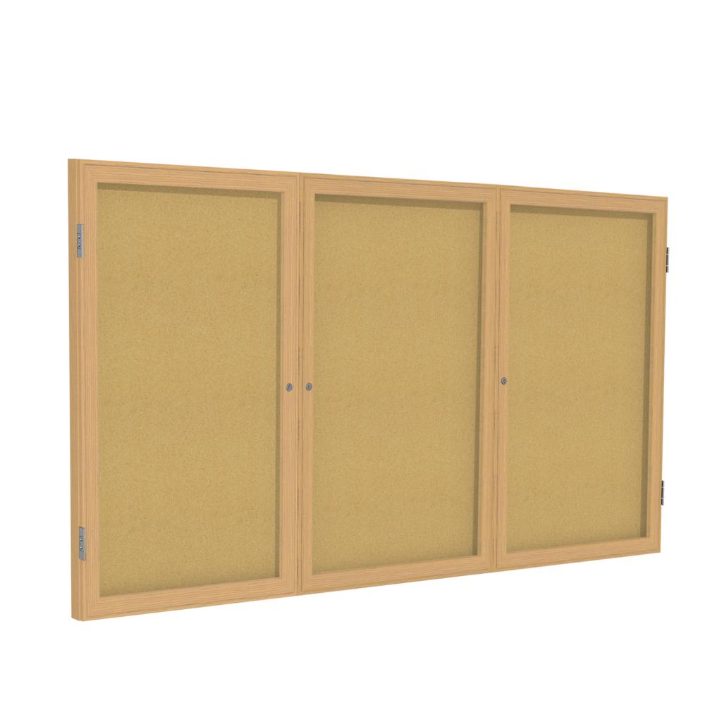 Ghent 3 Door Enclosed Natural Cork Bulletin Board with Oak Wood Frame, 3'H x 6'W. Picture 1