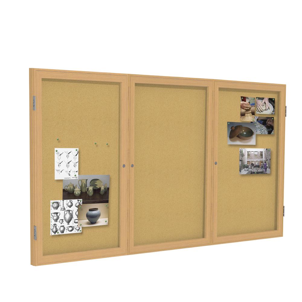 Ghent 3 Door Enclosed Natural Cork Bulletin Board with Oak Wood Frame, 4'H x 8'W. Picture 2