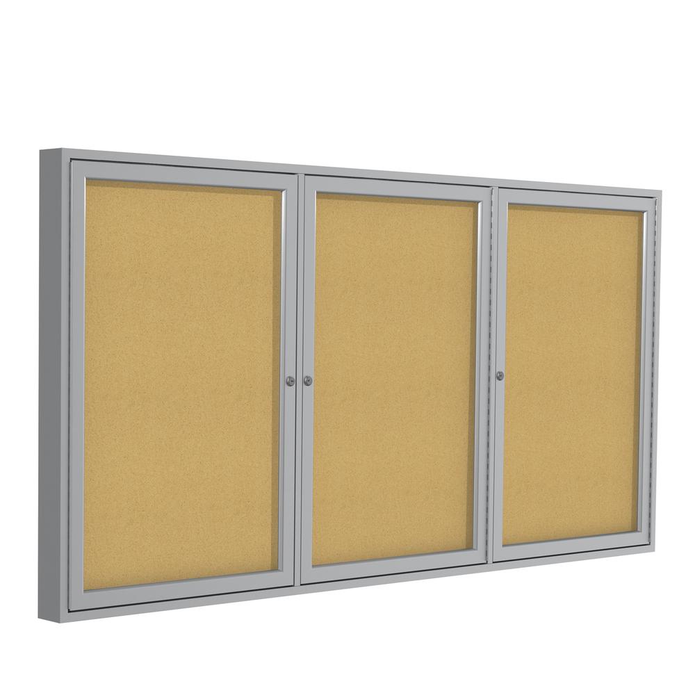 Ghent 3 Door Enclosed Natural Cork Bulletin Board with Satin Frame, 3'H x 6'W. The main picture.
