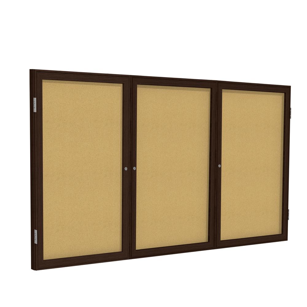 Ghent 48"x72" 3-Door Wood Frame Walnut Finish Enclosed Bulletin Board - Natural Cork. Picture 1