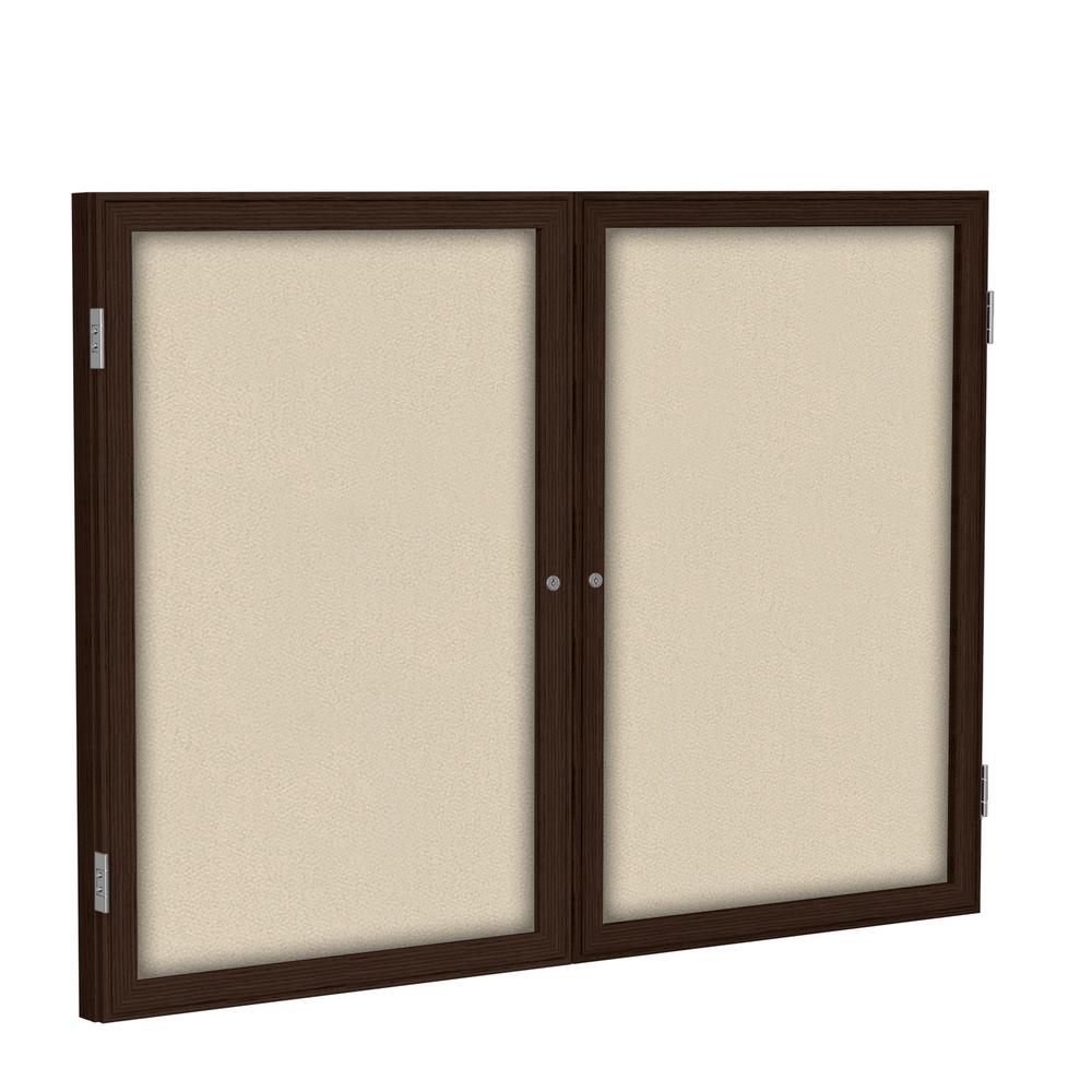 Ghent 36"x48" 2-Door Wood Frame Walnut Finish Enclosed Fabric Bulletin Board - Beige. Picture 1