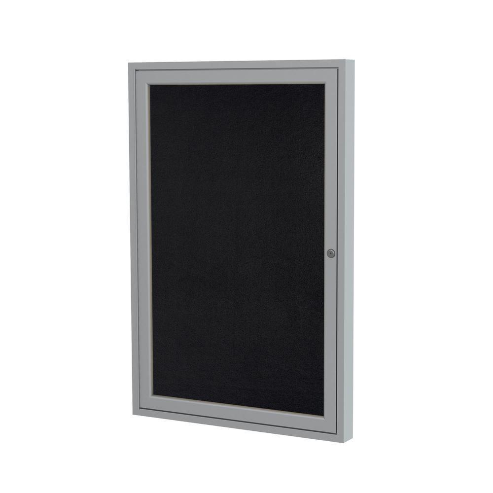 Ghent 1 Door Enclosed Recycled Rubber Bulletin Board with Satin Frame, 24"H x 18"W, Black. Picture 1