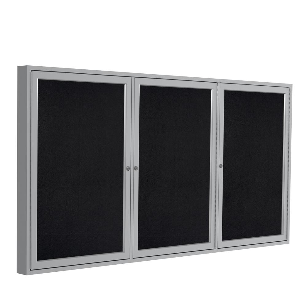 Ghent 3 Door Enclosed Recycled Rubber Bulletin Board with Satin Frame, 4'H x 8'W, Black. Picture 1