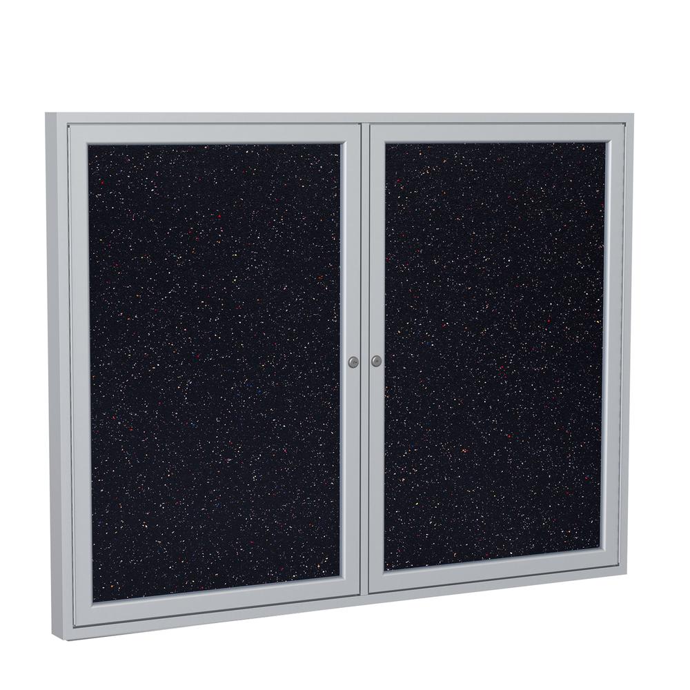 Ghent 2 Door Enclosed Recycled Rubber Bulletin Board with Satin Frame, 3'H x 5'W, Confetti. Picture 1