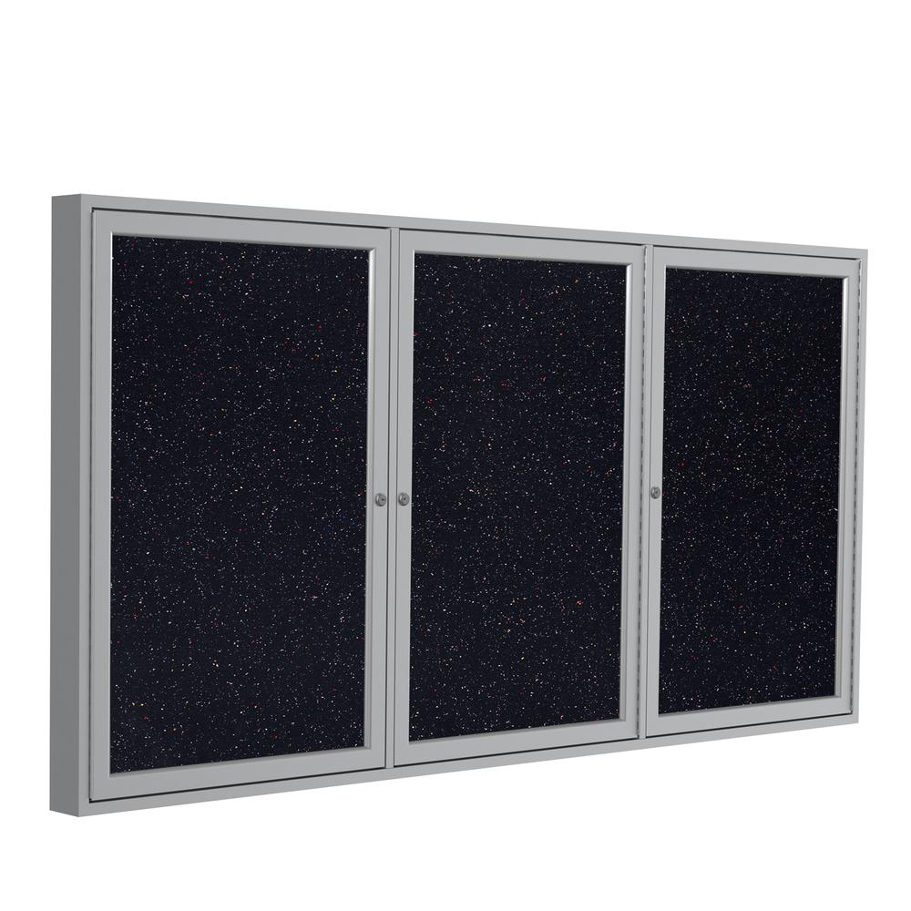Ghent 3 Door Enclosed Recycled Rubber Bulletin Board with Satin Frame, 4'H x 8'W, Confetti. Picture 1