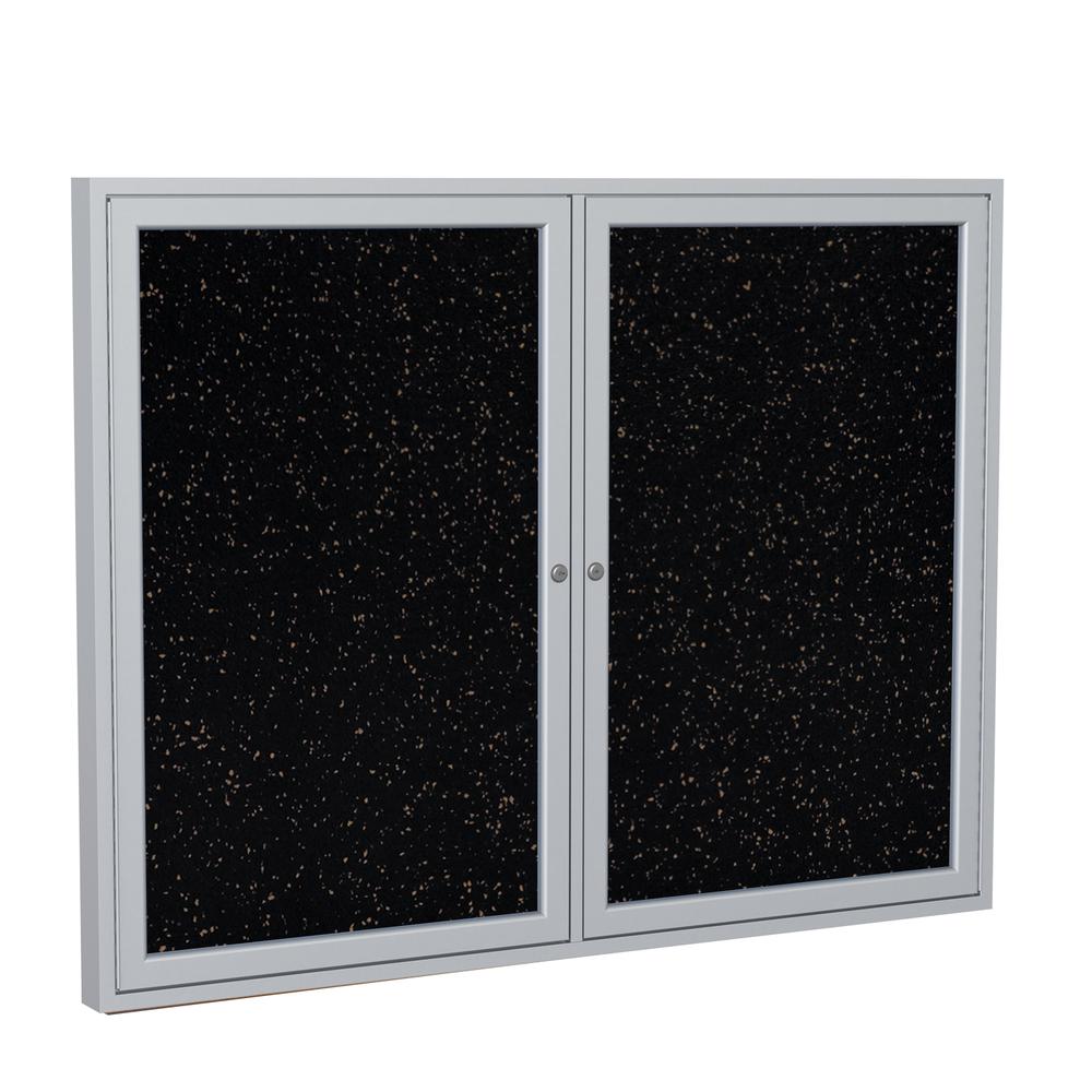 Ghent 2 Door Enclosed Recycled Rubber Bulletin Board with Satin Frame, 3'H x 5'W, Tan Speckled. Picture 1