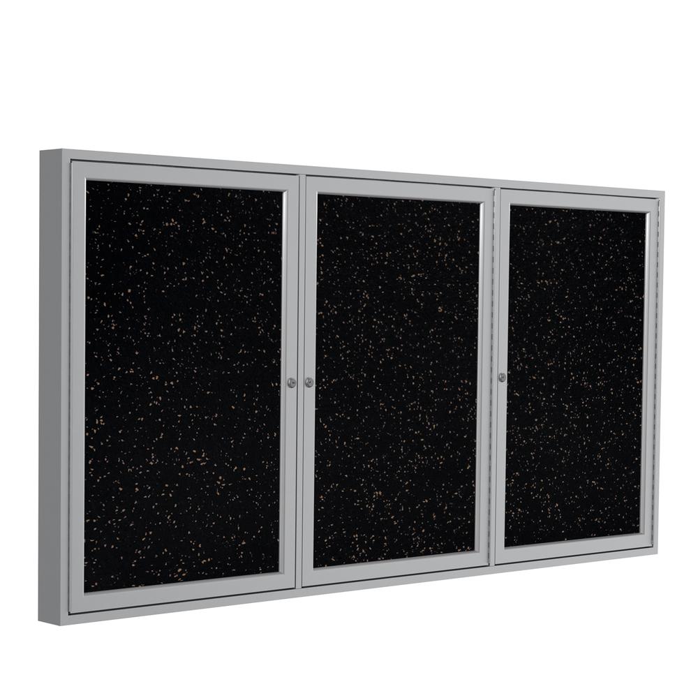 Ghent 3 Door Enclosed Recycled Rubber Bulletin Board with Satin Frame, 4'H x 8'W, Tan Speckled. Picture 1