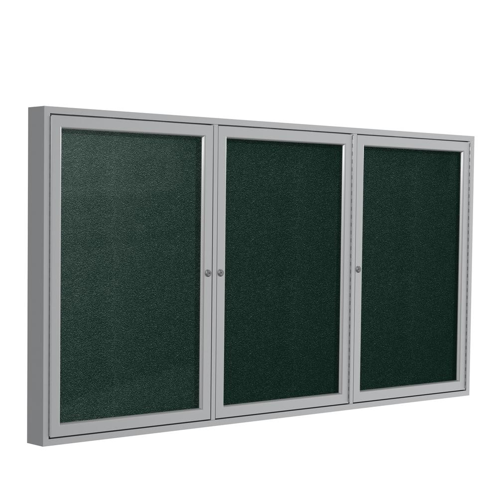 Ghent 36"x72" 3-Door Satin Aluminum Frame Enclosed Vinyl Bulletin Board - Ebony. Picture 1