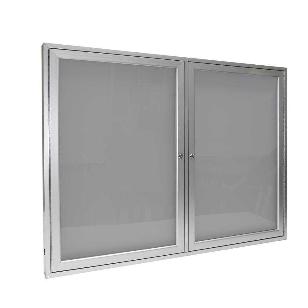 Ghent 2 Door Enclosed Vinyl Bulletin Board with Satin Frame, 3'H x 4'W, Silver. The main picture.