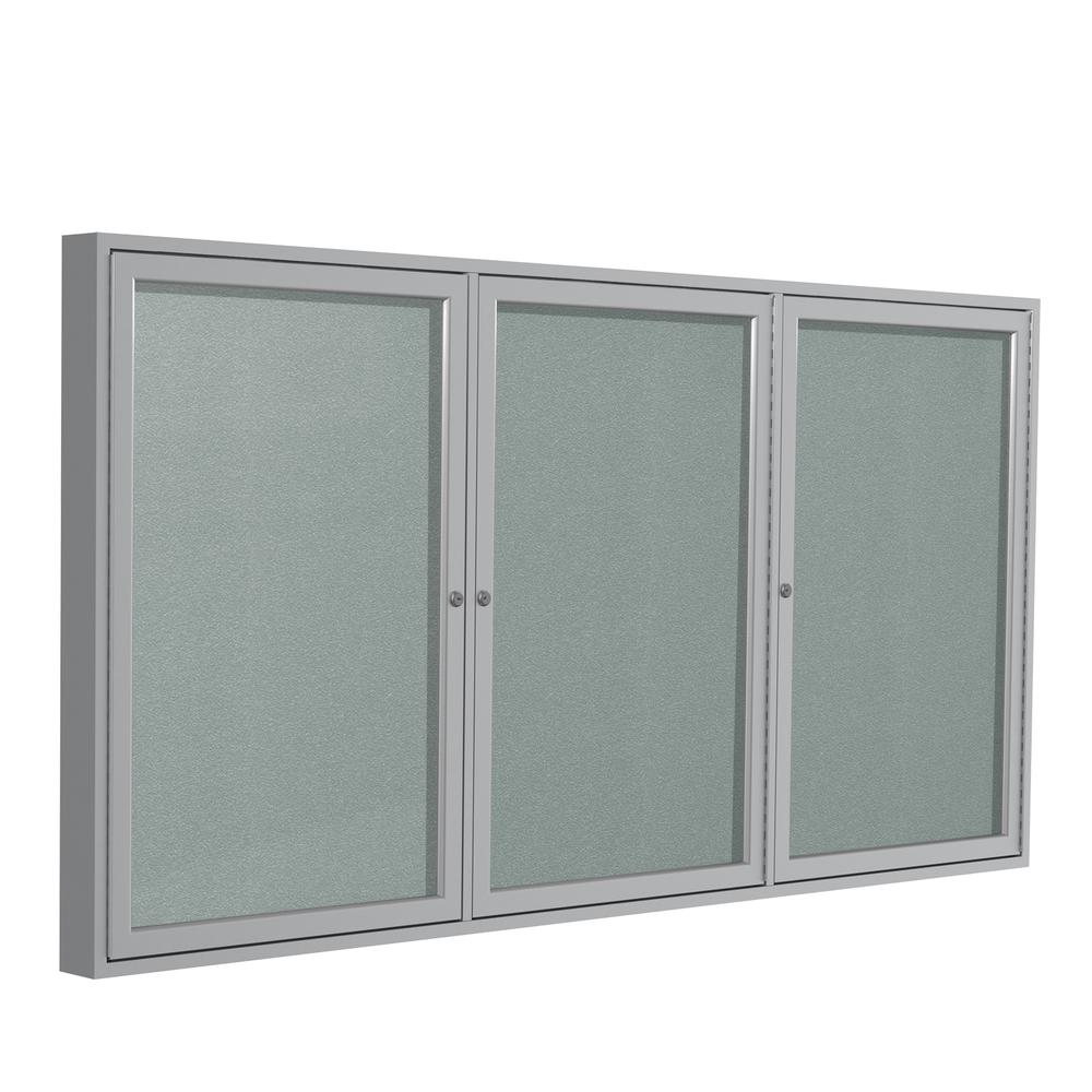 Ghent 3 Door Enclosed Vinyl Bulletin Board with Satin Frame, 3'H x 6'W, Silver. Picture 1