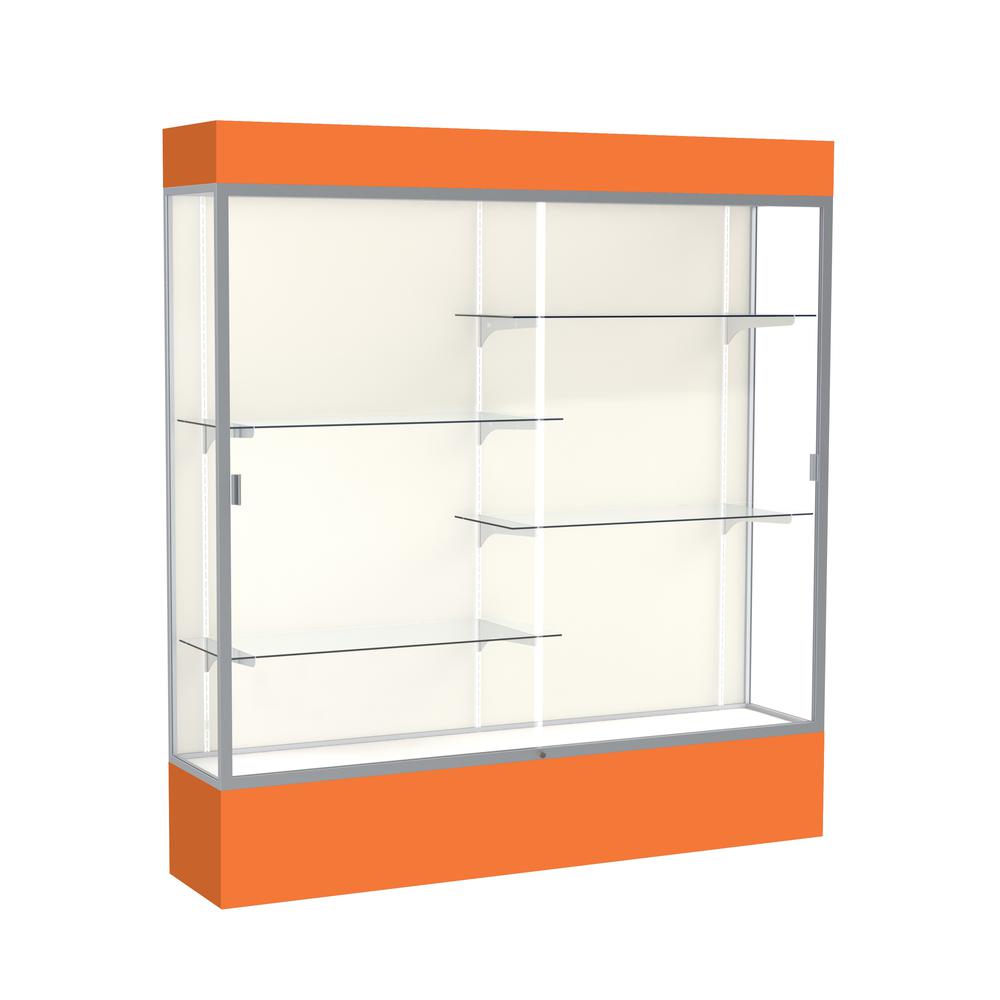 Spirit  72"W x 80"H x 16"D  Lighted Floor Case, Plaque Back, Satin Finish, Orange Base and Top. Picture 1