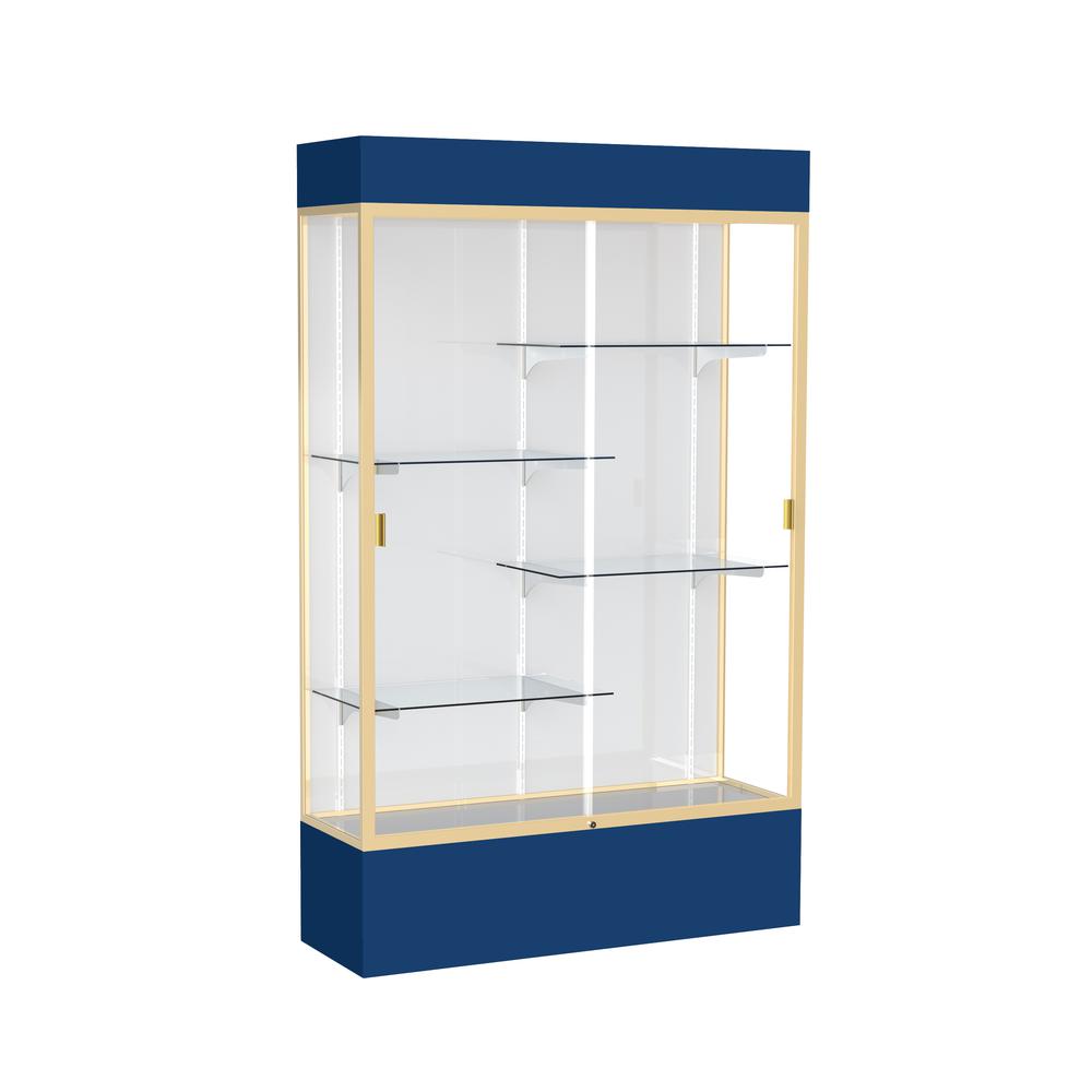 Spirit  48"W x 80"H x 16"D  Lighted Floor Case, White Back, Champagne Finish, Navy Base and Top. Picture 1