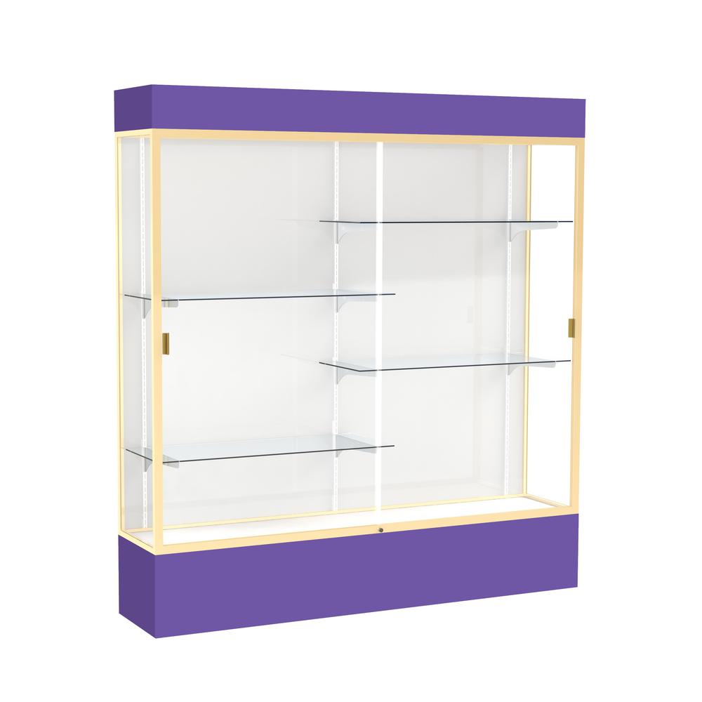 Spirit  72"W x 80"H x 16"D  Lighted Floor Case, White Back, Champagne Finish, Purple Base and Top. Picture 1