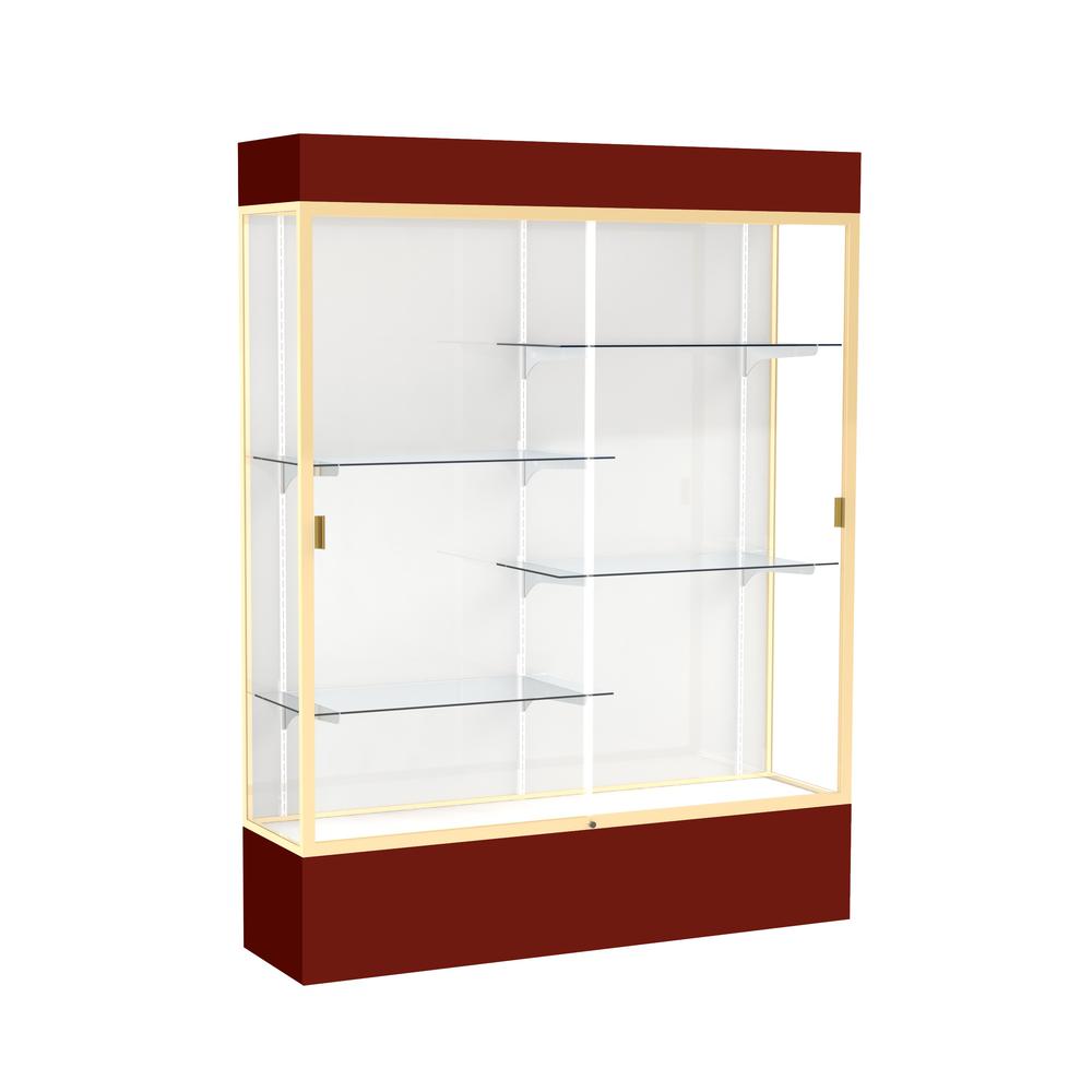 Spirit  60"W x 80"H x 16"D  Lighted Floor Case, White Back, Champagne Finish, Maroon Base and Top. Picture 1