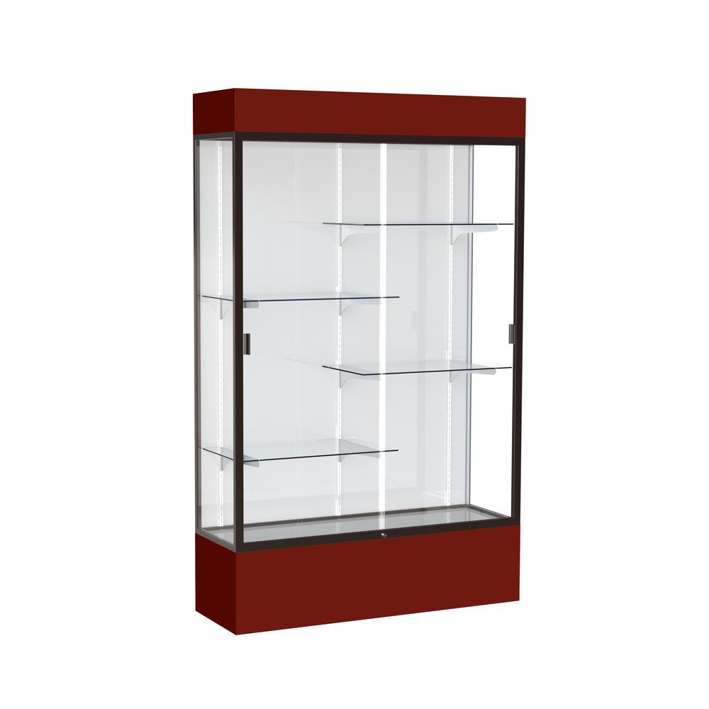 Spirit  48"W x 80"H x 16"D  Lighted Floor Case, White Back, Dk. Bronze Finish, Maroon Base and Top. Picture 1