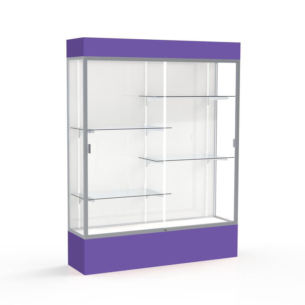 Spirit  60"W x 80"H x 16"D  Lighted Floor Case, White Back, Satin Finish, Purple Base and Top. Picture 1