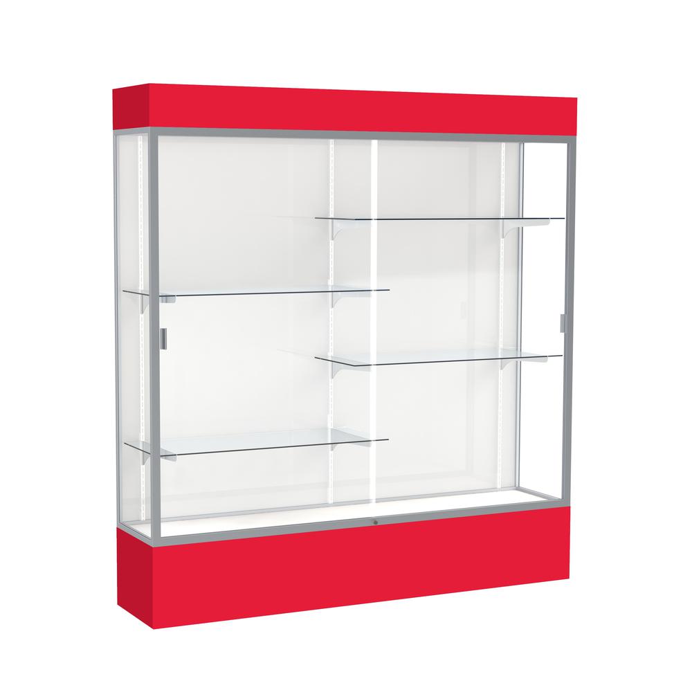 Spirit  72"W x 80"H x 16"D  Lighted Floor Case, White Back, Satin Finish, Red Base and Top. Picture 1