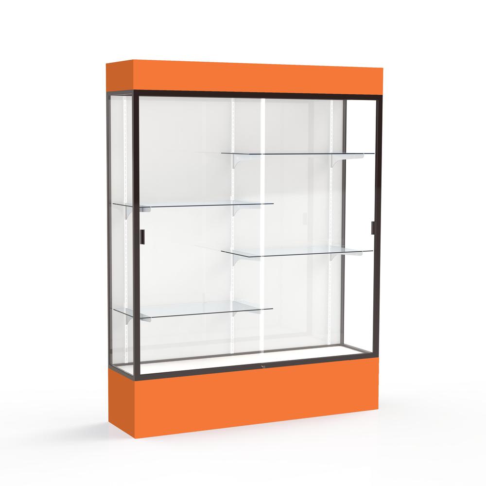 Spirit  60"W x 80"H x 16"D  Lighted Floor Case, White Back, Dk. Bronze Finish, Orange Base and Top. Picture 1