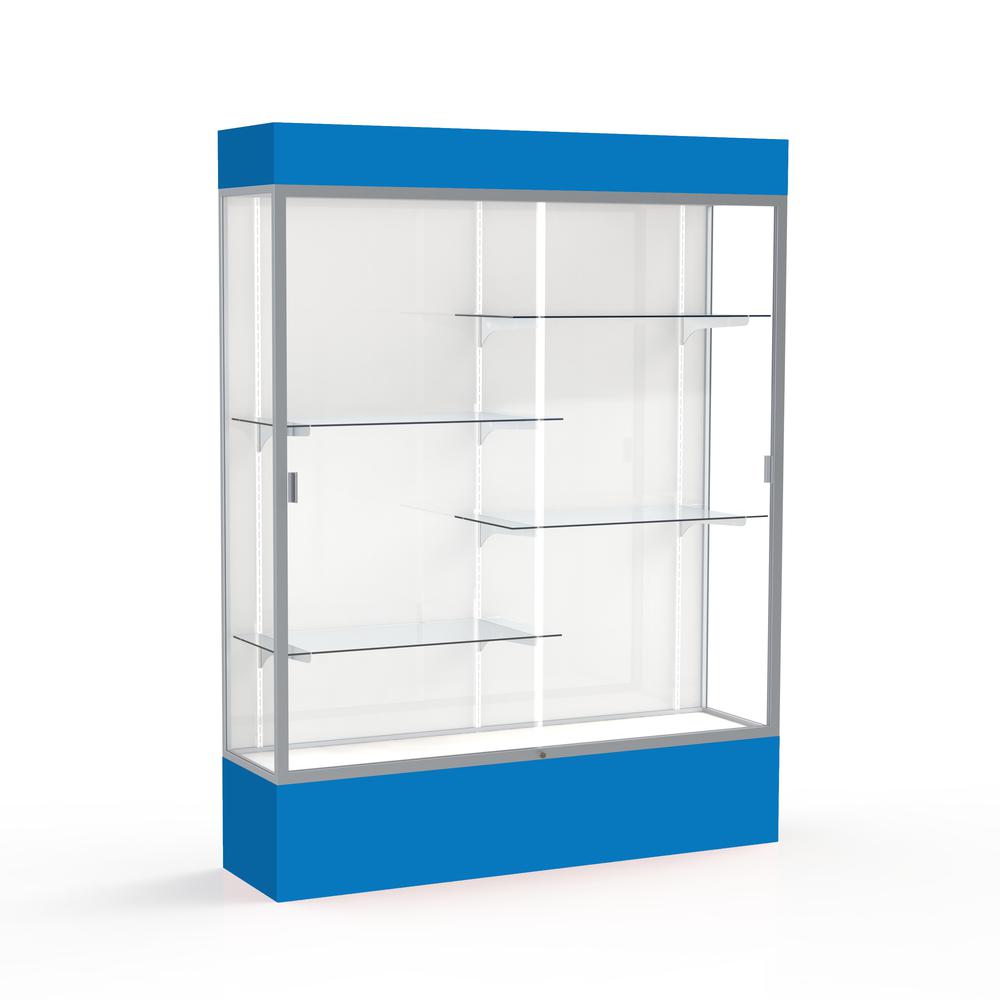 Spirit  60"W x 80"H x 16"D  Lighted Floor Case, White Back, Satin Finish, Royal Blue Base and Top. Picture 1