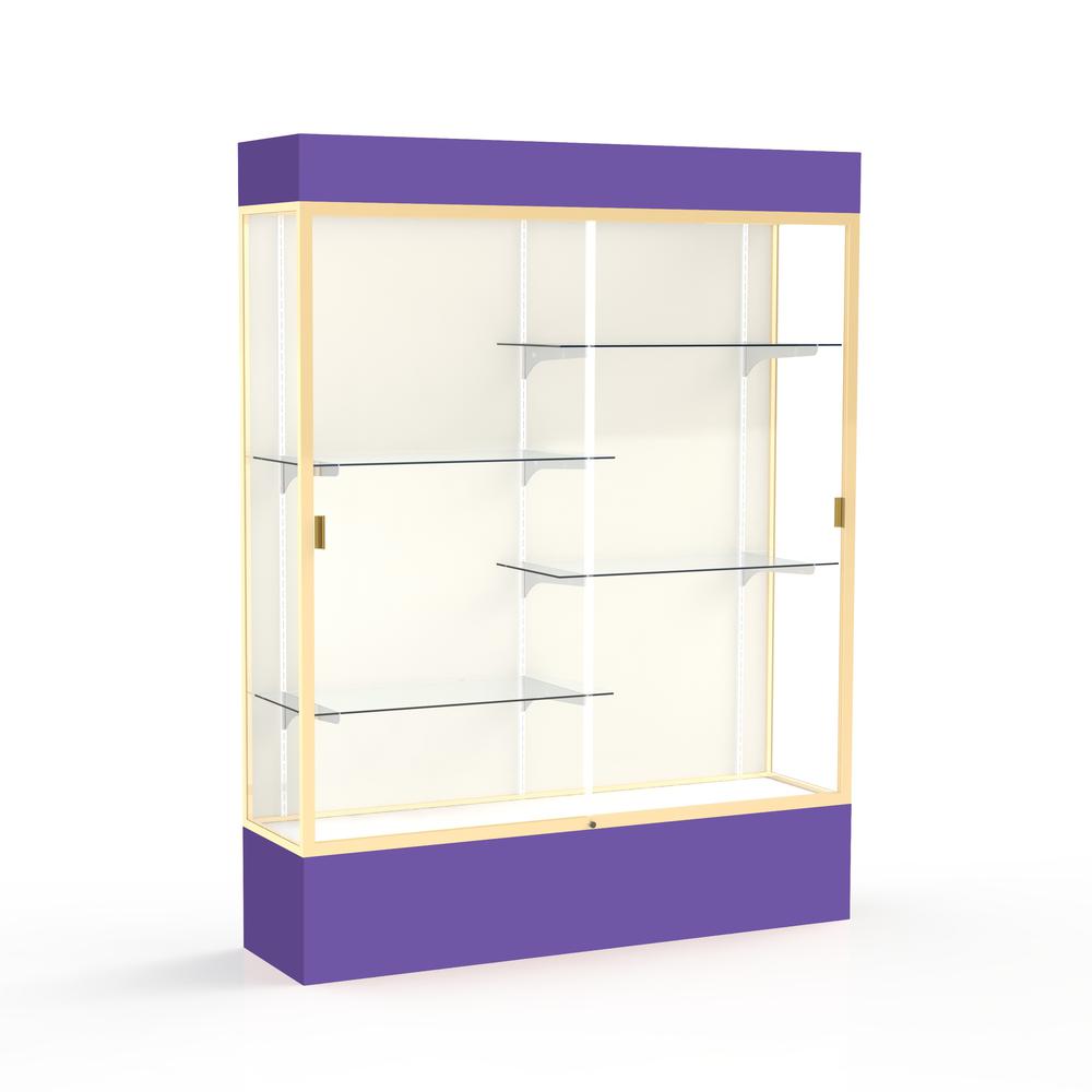 Spirit  60"W x 80"H x 16"D  Lighted Floor Case, Plaque Back, Champagne Finish, Purple Base and Top. Picture 1