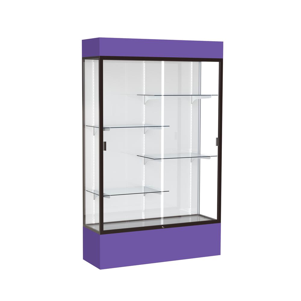 Spirit  48"W x 80"H x 16"D  Lighted Floor Case, White Back, Dk. Bronze Finish, Purple Base and Top. Picture 1