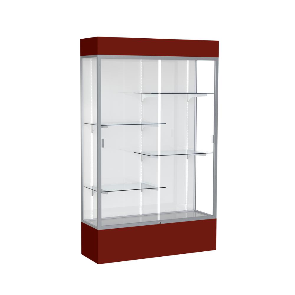 Spirit  48"W x 80"H x 16"D  Lighted Floor Case, White Back, Satin Finish, Maroon Base and Top. Picture 1