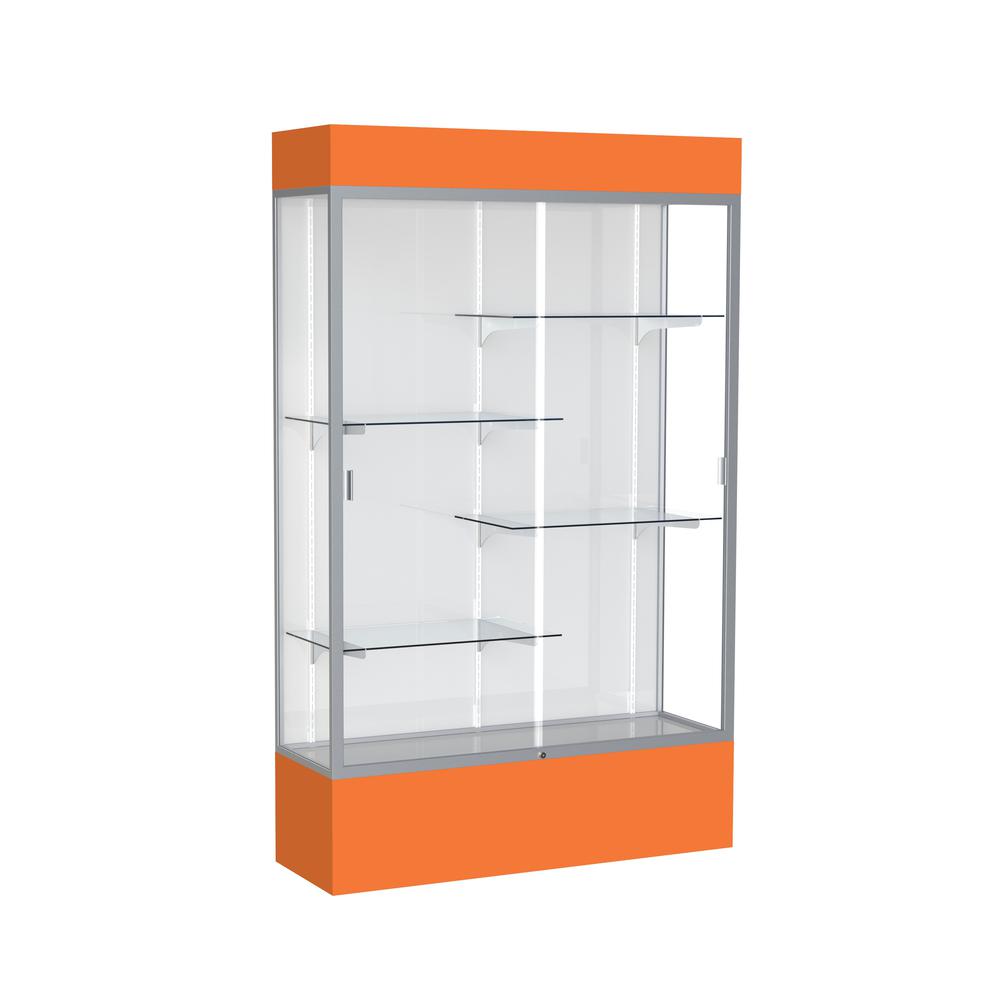 Spirit  48"W x 80"H x 16"D  Lighted Floor Case, White Back, Satin Finish, Orange Base and Top. Picture 1