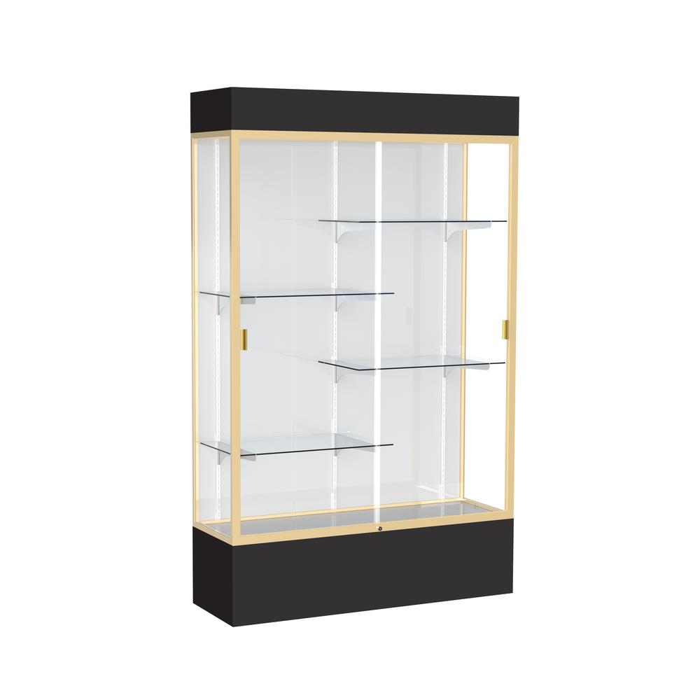 Spirit  48"W x 80"H x 16"D  Lighted Floor Case, White Back, Champagne Finish, Black Base and Top. Picture 1