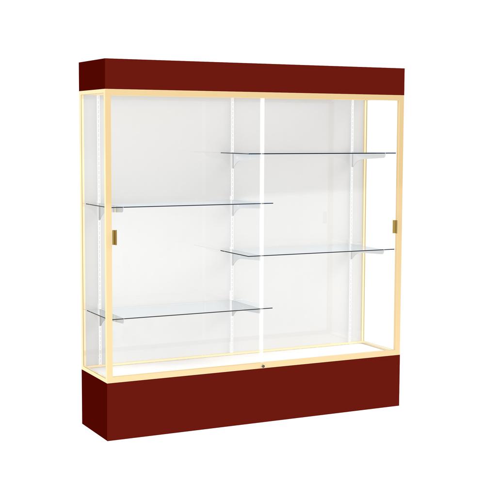Spirit  72"W x 80"H x 16"D  Lighted Floor Case, White Back, Champagne Finish, Maroon Base and Top. Picture 1