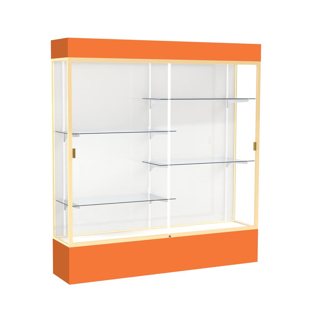 Spirit  72"W x 80"H x 16"D  Lighted Floor Case, White Back, Champagne Finish, Orange Base and Top. Picture 1