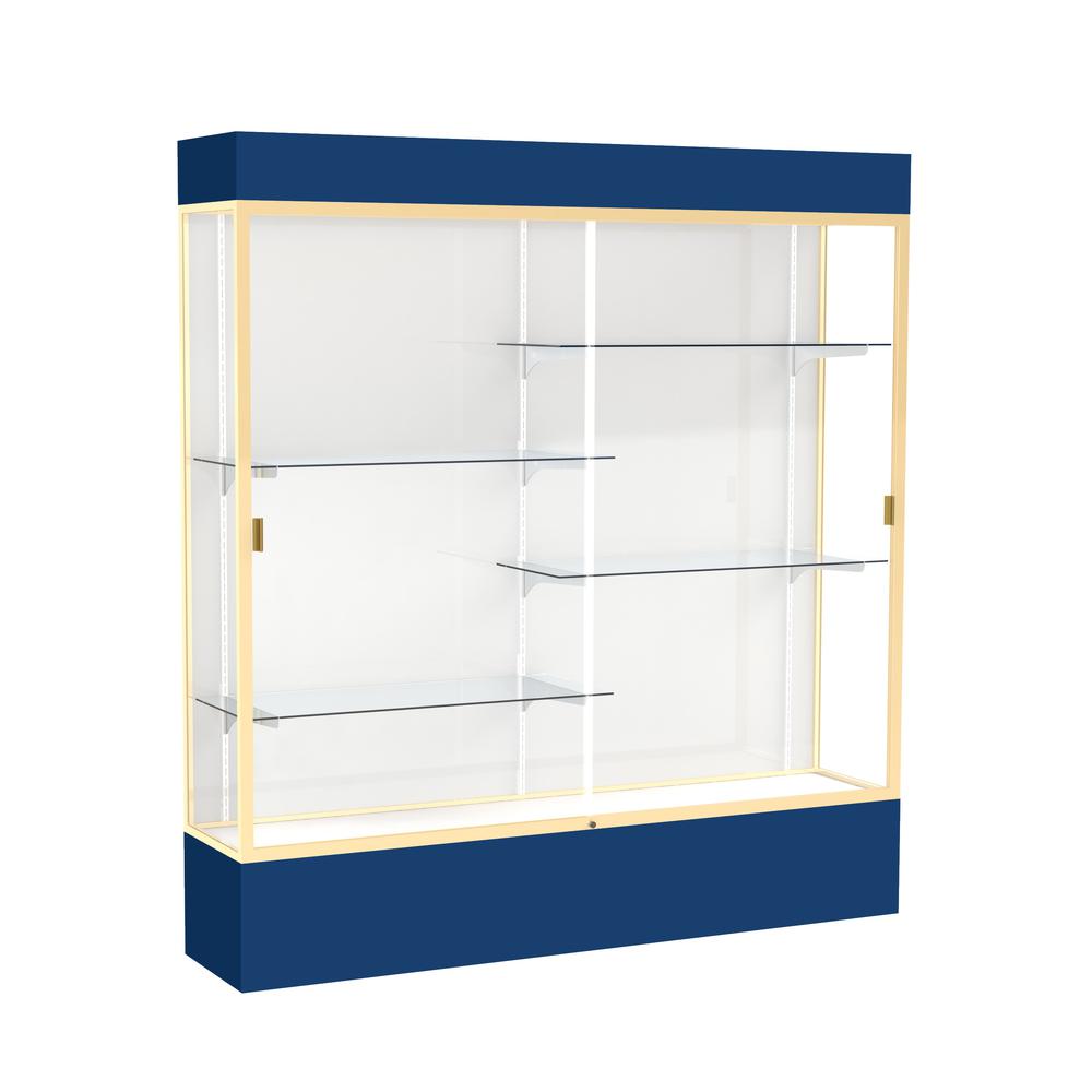 Spirit  72"W x 80"H x 16"D  Lighted Floor Case, White Back, Champagne Finish, Navy Base and Top. Picture 1