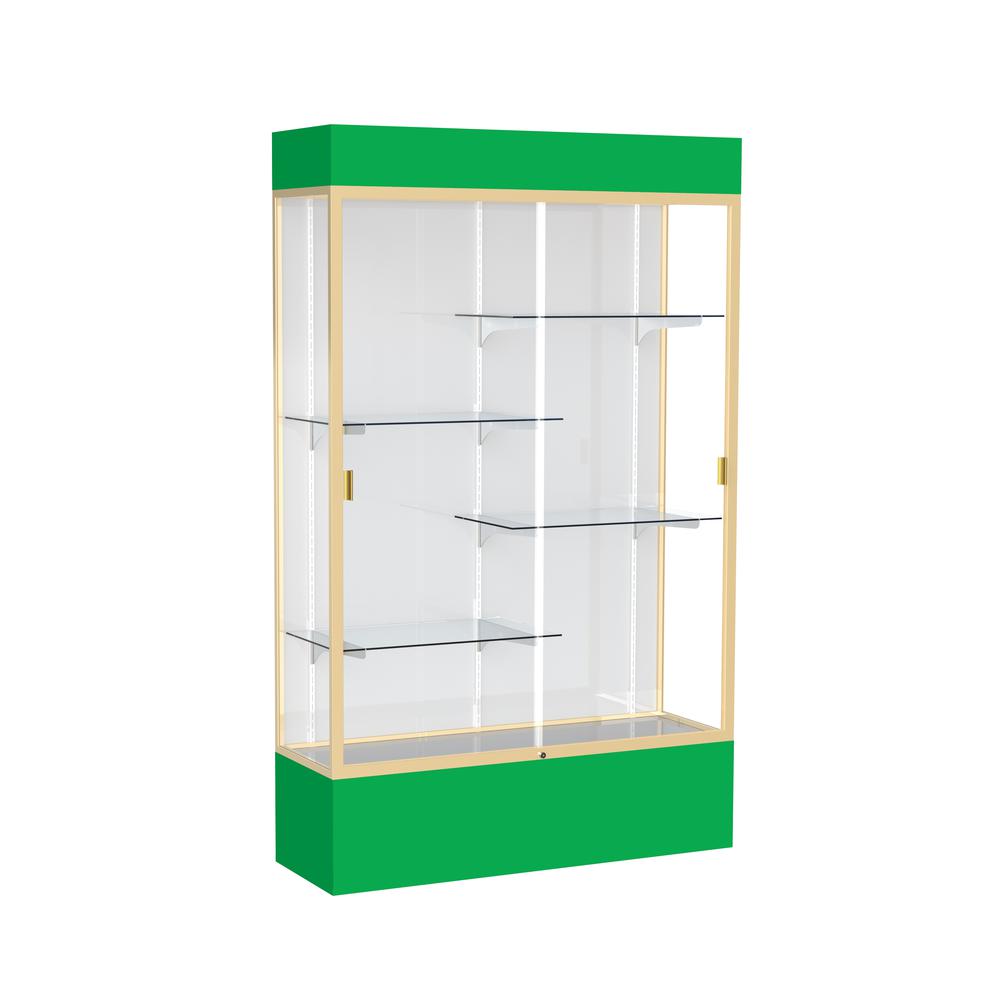 Spirit  48"W x 80"H x 16"D  Lighted Floor Case, White Back, Champagne Finish, Kelly Green Base and Top. Picture 1