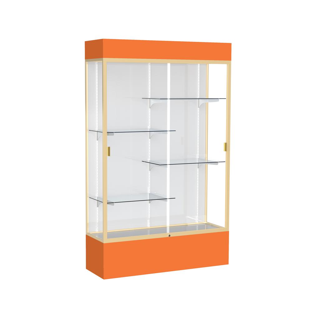 Spirit  48"W x 80"H x 16"D  Lighted Floor Case, White Back, Champagne Finish, Orange Base and Top. Picture 1