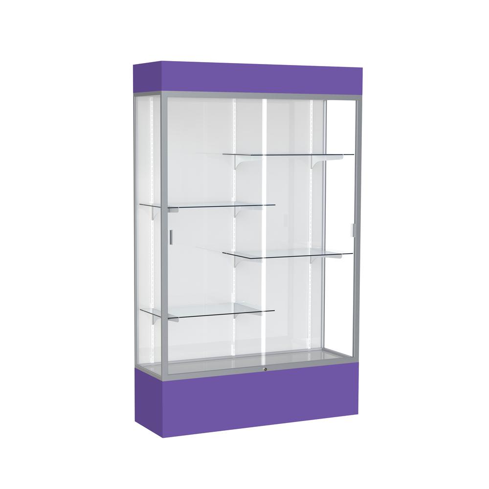 Spirit  48"W x 80"H x 16"D  Lighted Floor Case, White Back, Satin Finish, Purple Base and Top. Picture 1
