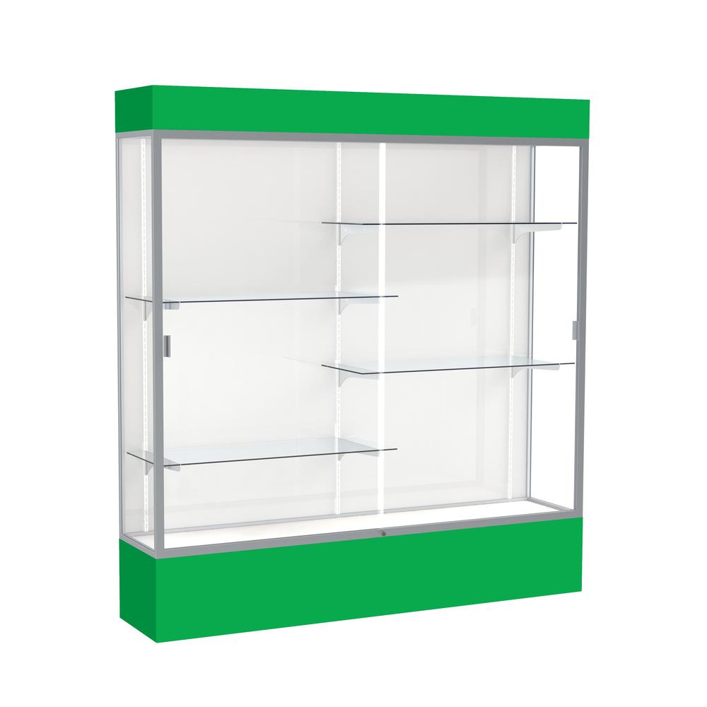 Spirit  72"W x 80"H x 16"D  Lighted Floor Case, White Back, Satin Finish, Kelly Green Base and Top. Picture 1