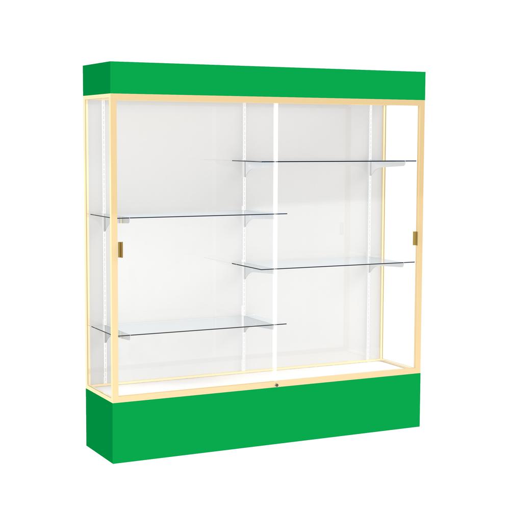 Spirit  72"W x 80"H x 16"D  Lighted Floor Case, White Back, Champagne Finish, Kelly Green Base and Top. Picture 1