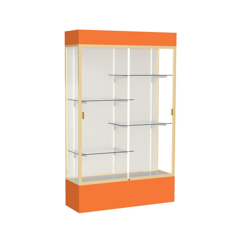 Spirit  48"W x 80"H x 16"D  Lighted Floor Case, Plaque Back, Champagne Finish, Orange Base and Top. Picture 1
