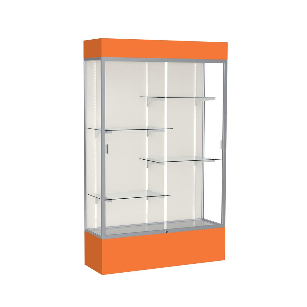 Spirit  48"W x 80"H x 16"D  Lighted Floor Case, Plaque Back, Satin Finish, Orange Base and Top. Picture 1