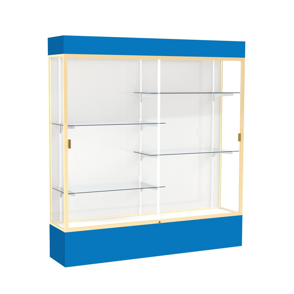 Spirit  72"W x 80"H x 16"D  Lighted Floor Case, White Back, Champagne Finish, Royal Blue Base and Top. Picture 1