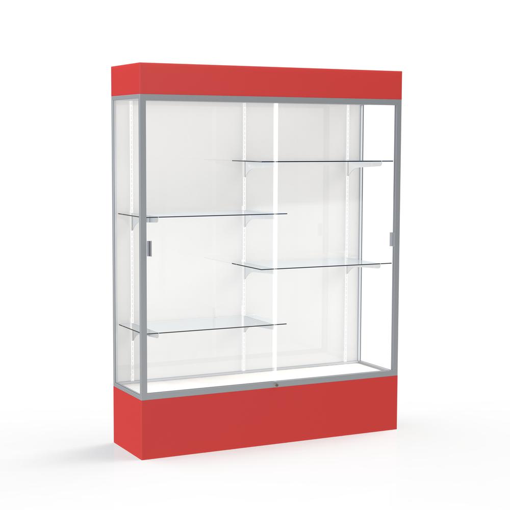 Spirit  60"W x 80"H x 16"D  Lighted Floor Case, White Back, Satin Finish, Red Base and Top. Picture 1