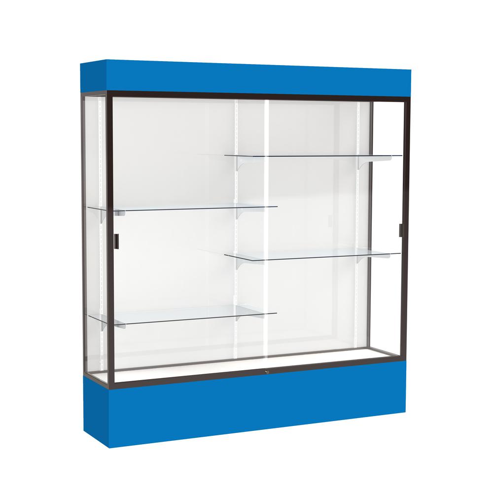 Spirit  72"W x 80"H x 16"D  Lighted Floor Case, White Back, Dk. Bronze Finish, Royal Blue Base and Top. Picture 1