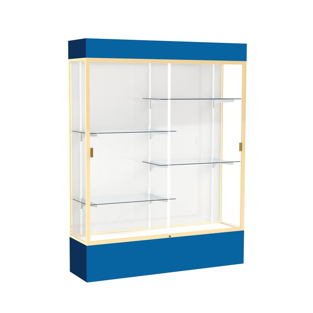 Spirit  60"W x 80"H x 16"D  Lighted Floor Case, White Back, Champagne Finish, Royal Blue Base and Top. Picture 1