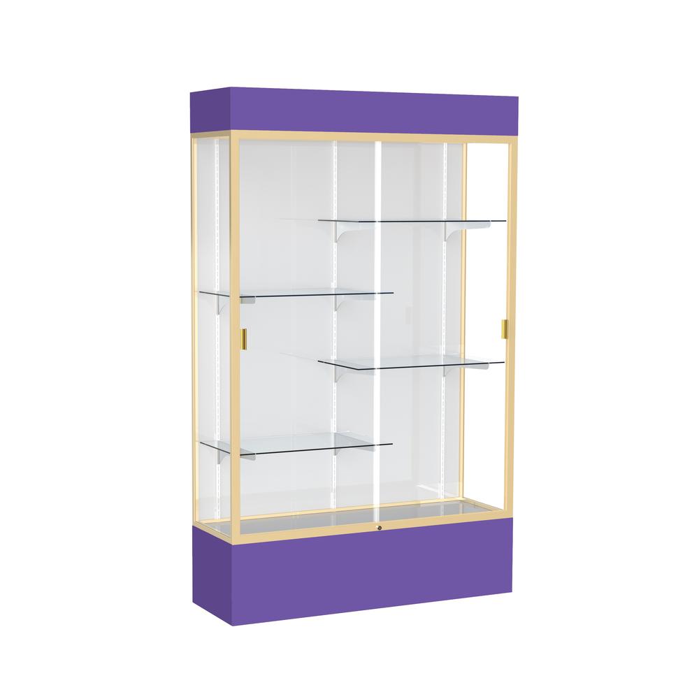 Spirit  48"W x 80"H x 16"D  Lighted Floor Case, White Back, Champagne Finish, Purple Base and Top. Picture 1