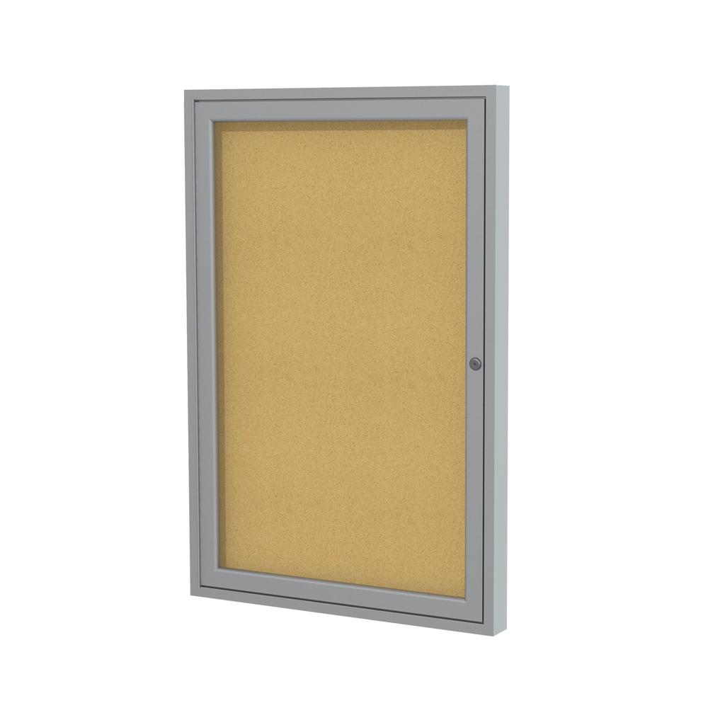 Ghent 1 Door Enclosed Natural Cork Bulletin Board with Satin Frame, 24"H x 18"W. Picture 1